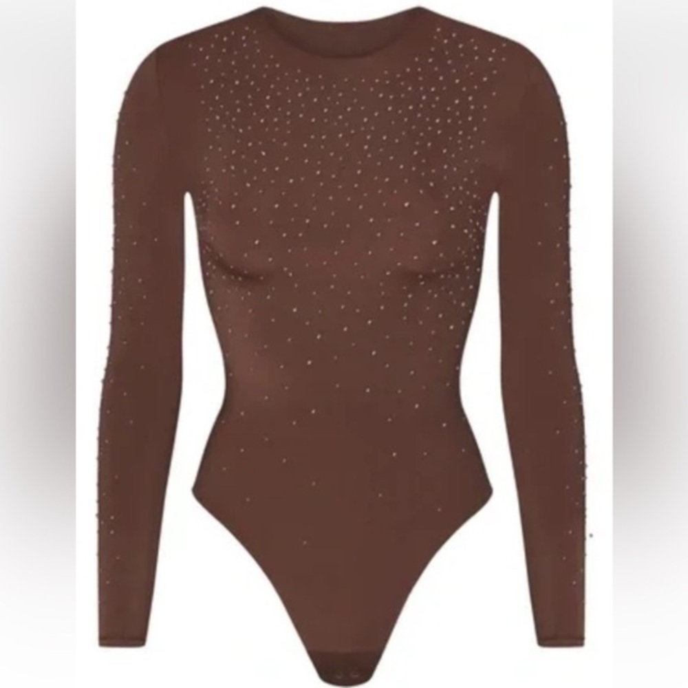 Brown Long Sleeve Bodysuit with Rhinestones